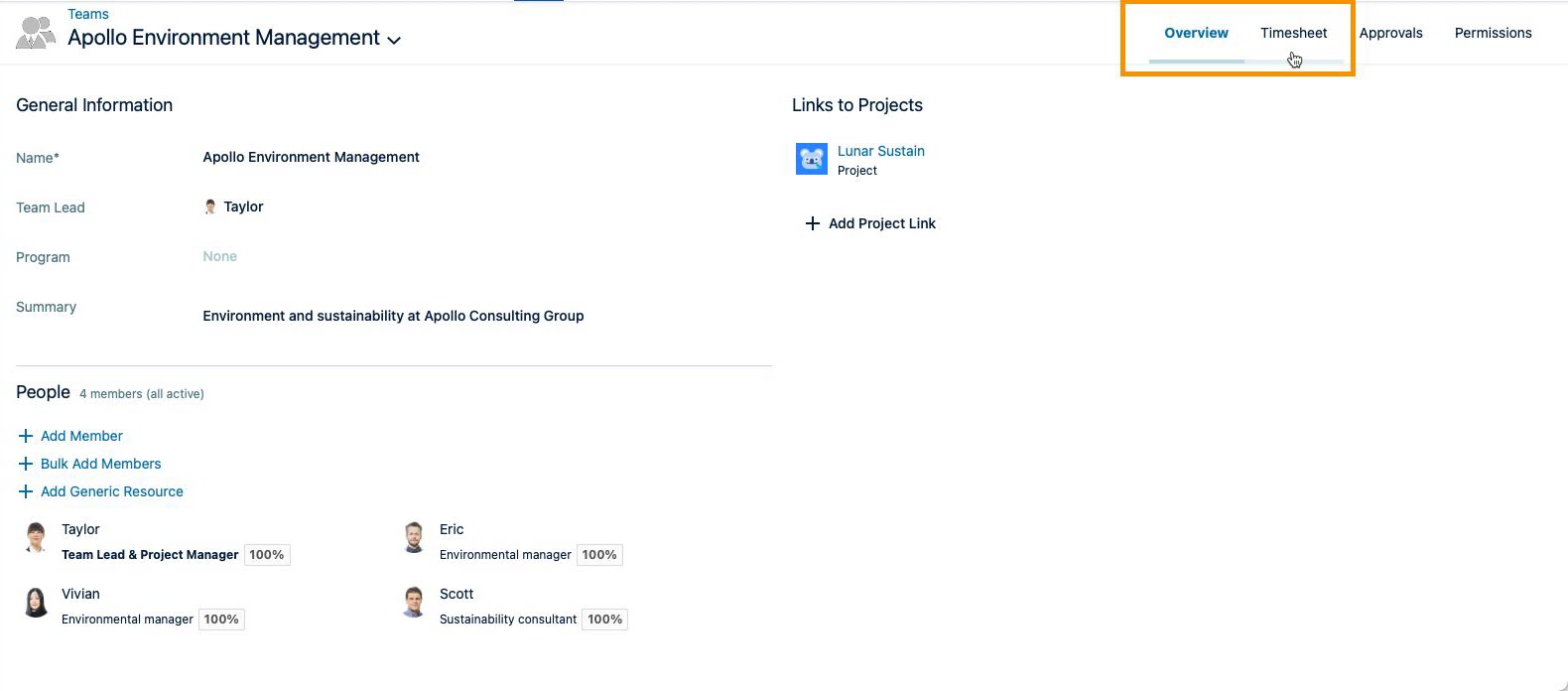 Opening a team's timesheet