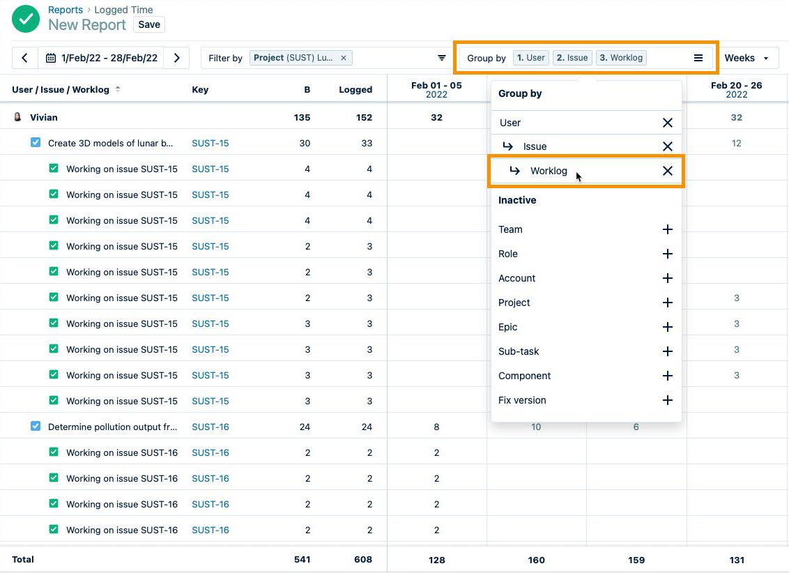 Selecting Worklog in a report's Group By menu