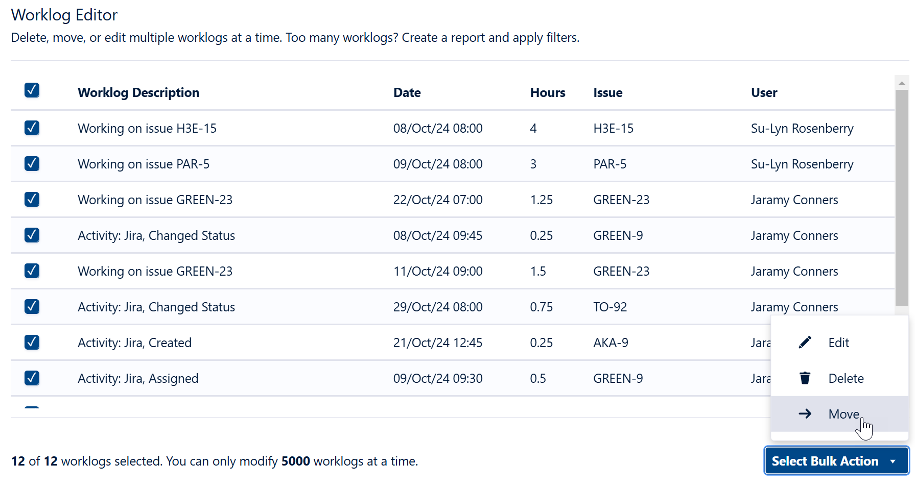 Bulk move worklogs