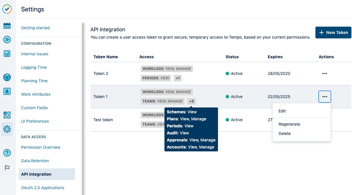 The API integration overview page showes a list of all your API tokens.jpg