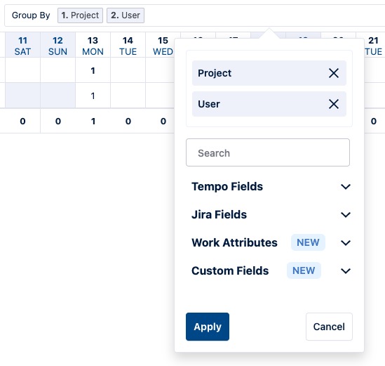 Expanded Group By options with Project and User selected, a search field, and list of fields you can group by.