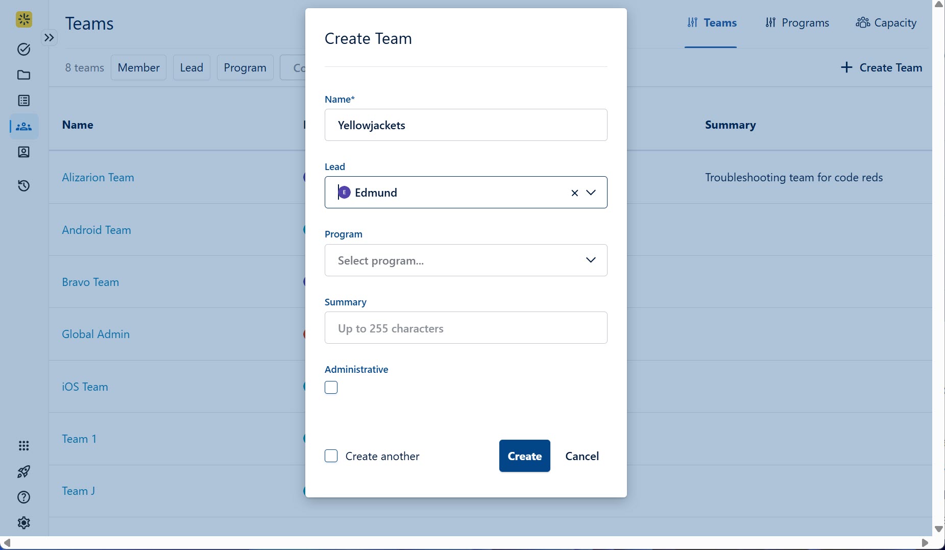Create new team dialog