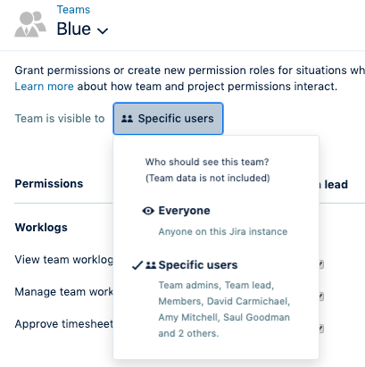 Setting up a team's visibility for other users