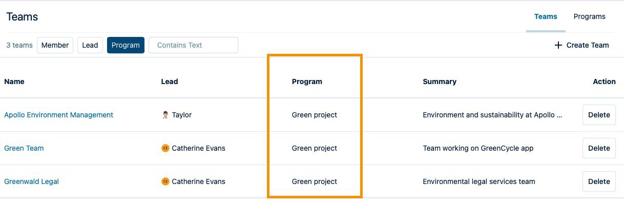 Program column on the Teams page