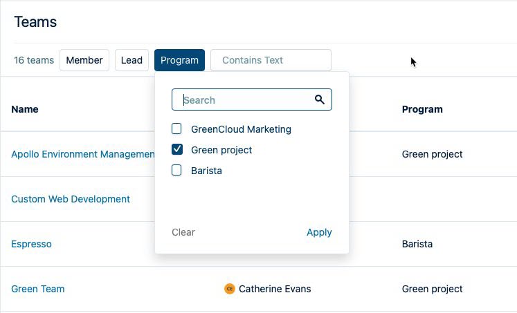 Program filter on the Teams page