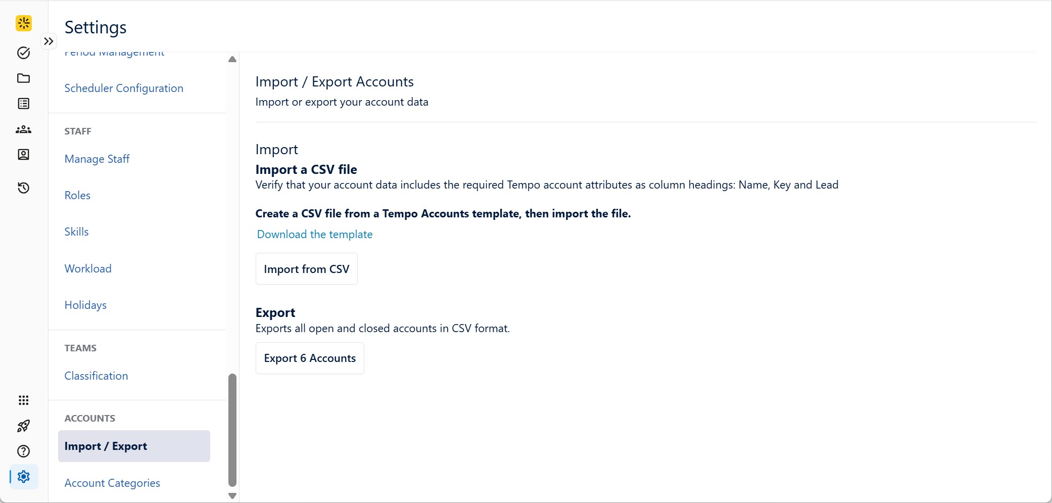 Import - Export setting screen
