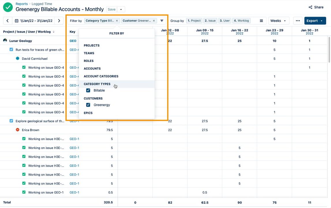 Filtering a logged time report