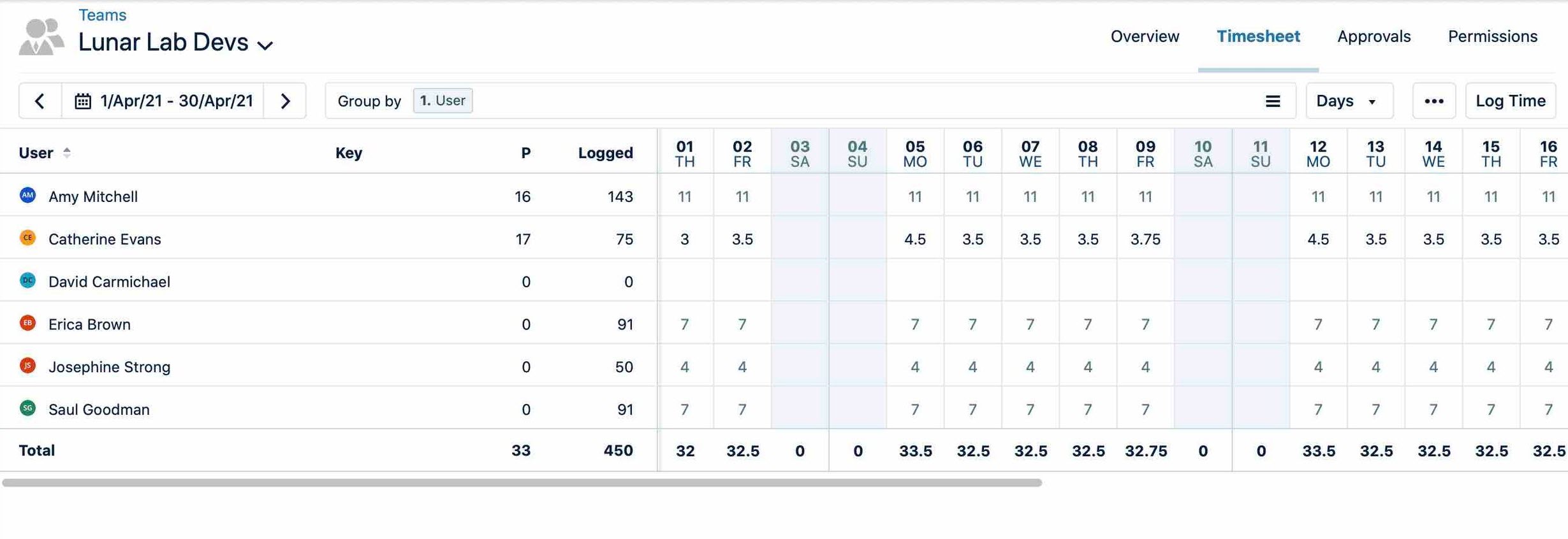 Team timesheet view