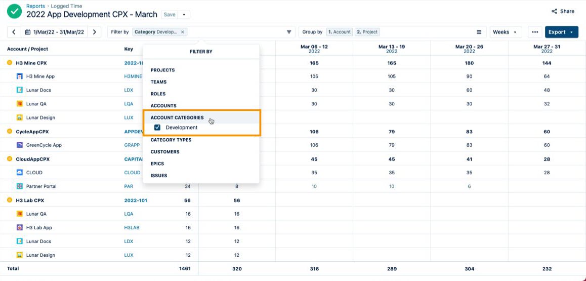 Filter by Account Categories on a time logged report
