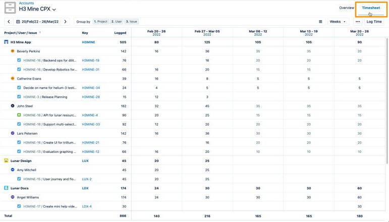 Opening the Timesheet view for H3 Mine CPX account