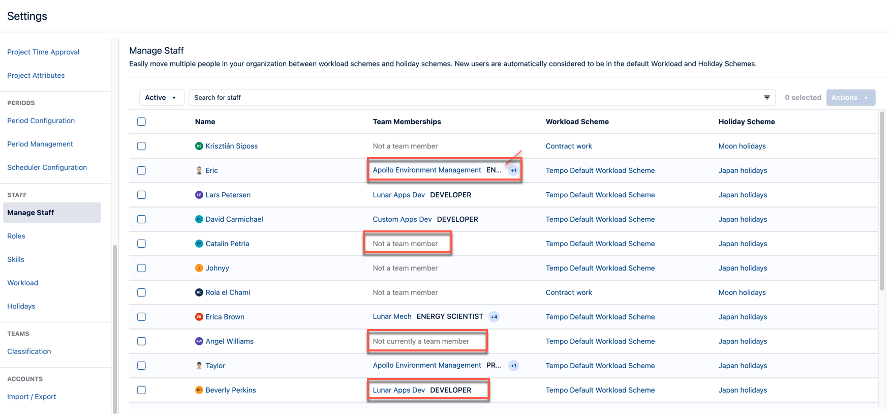 Team memberships listed on the manage staff page
