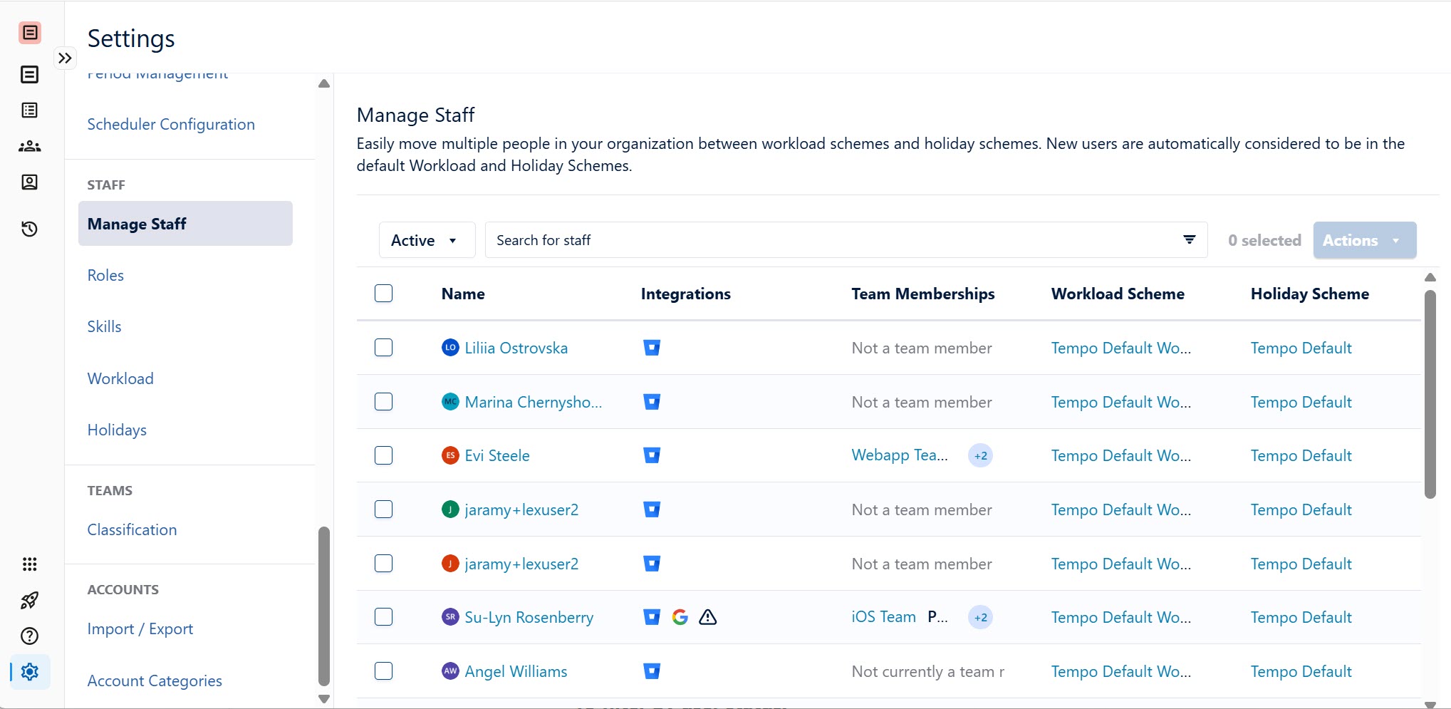 Manage Staff settings screen