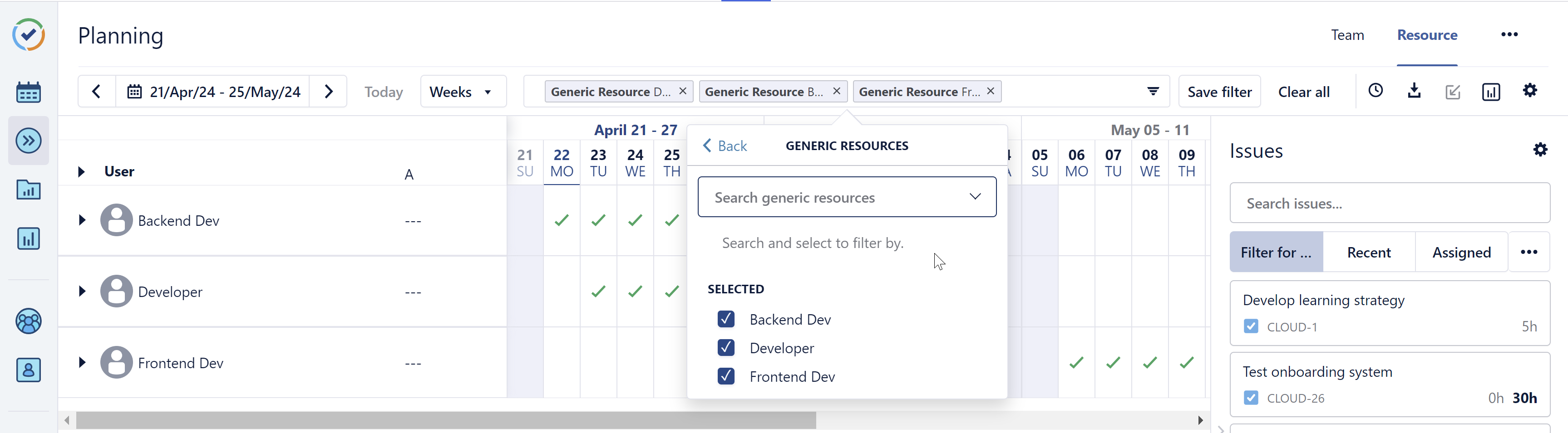 Filtering the Resource Planning screen by generic resources
