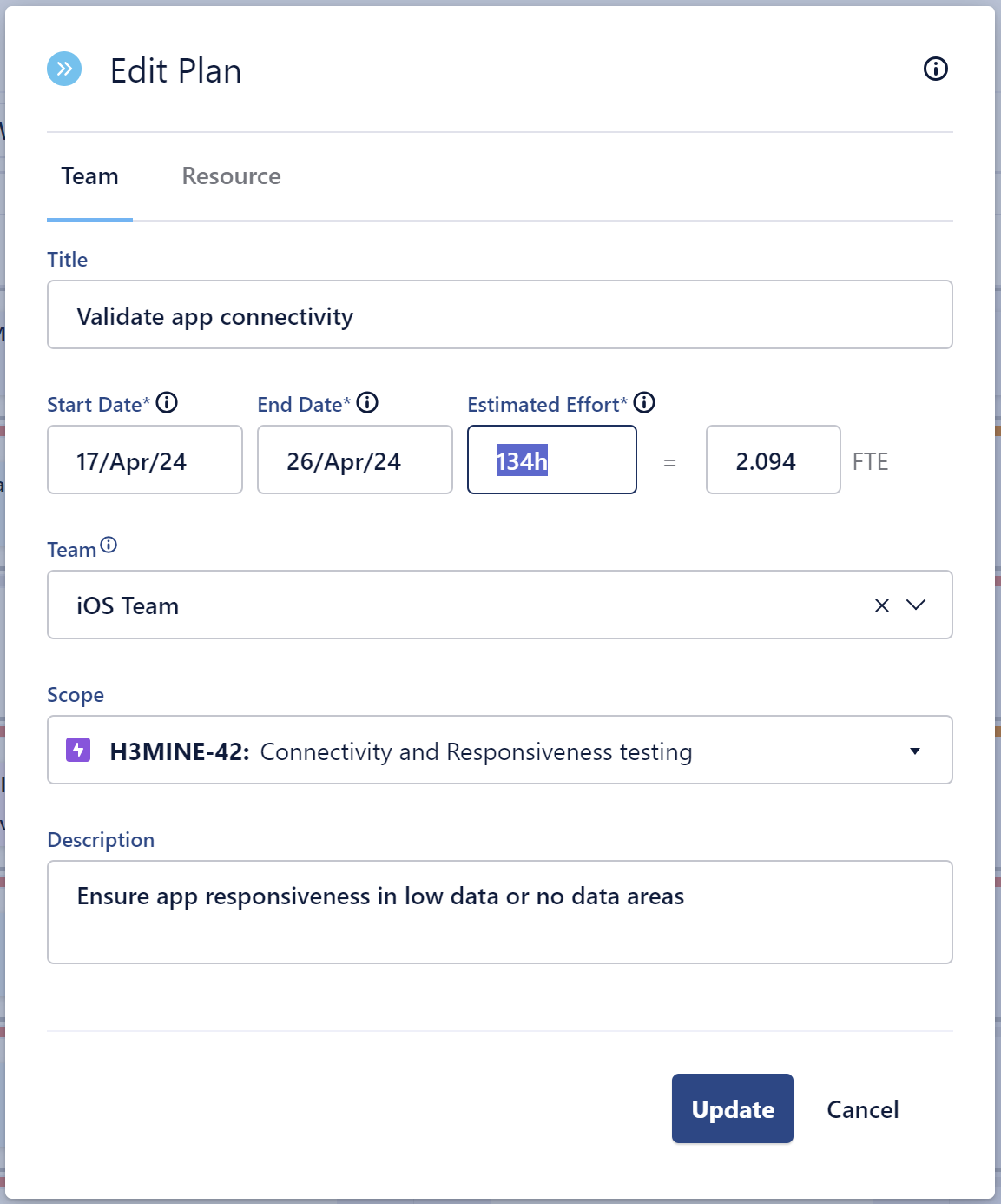 Team planning card with an updated estimate