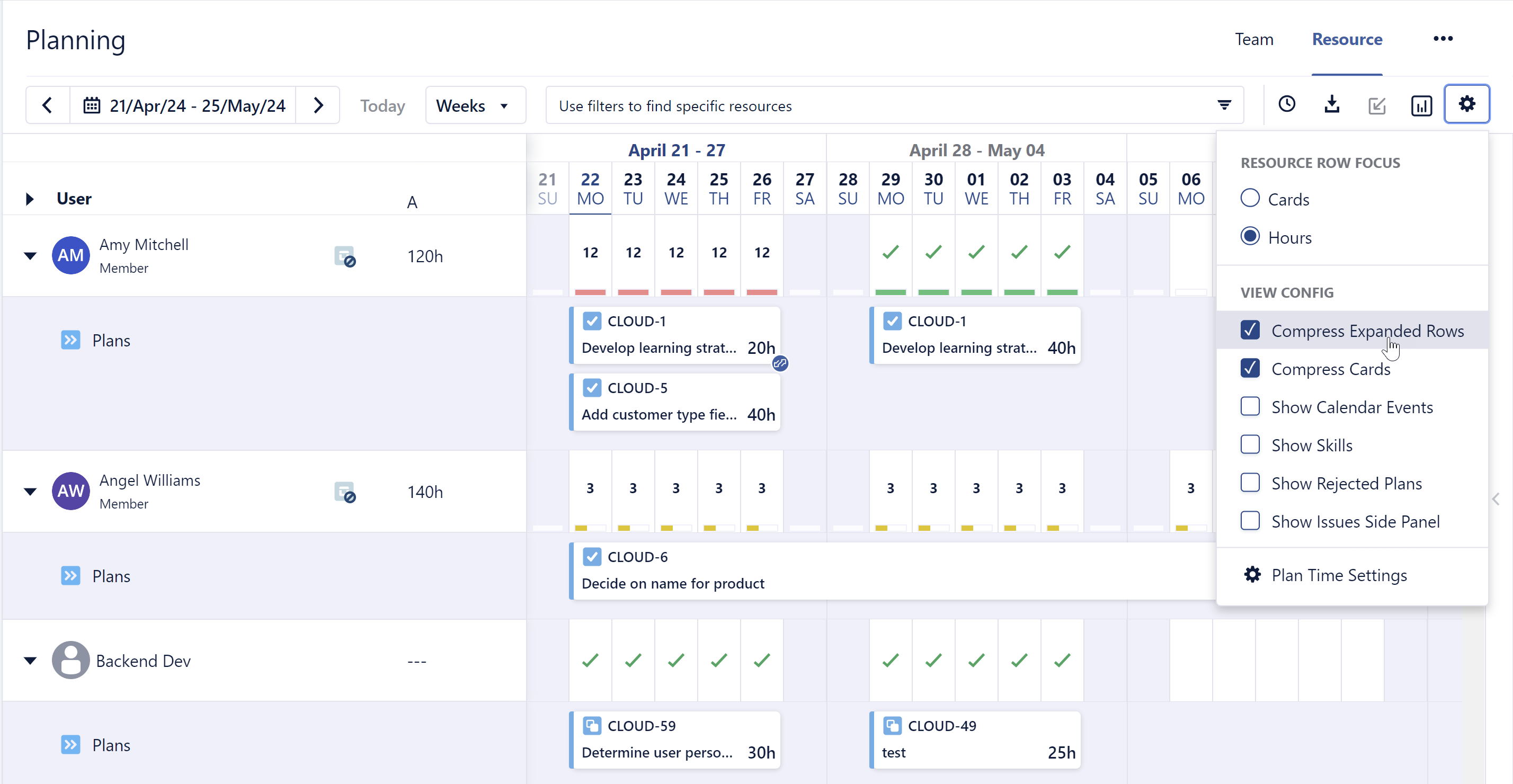 Resource Planning screen with Compress Expanded Rows enabled