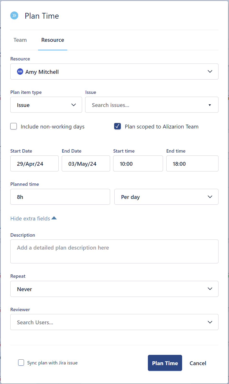 The Plan Time Form showing extra fields