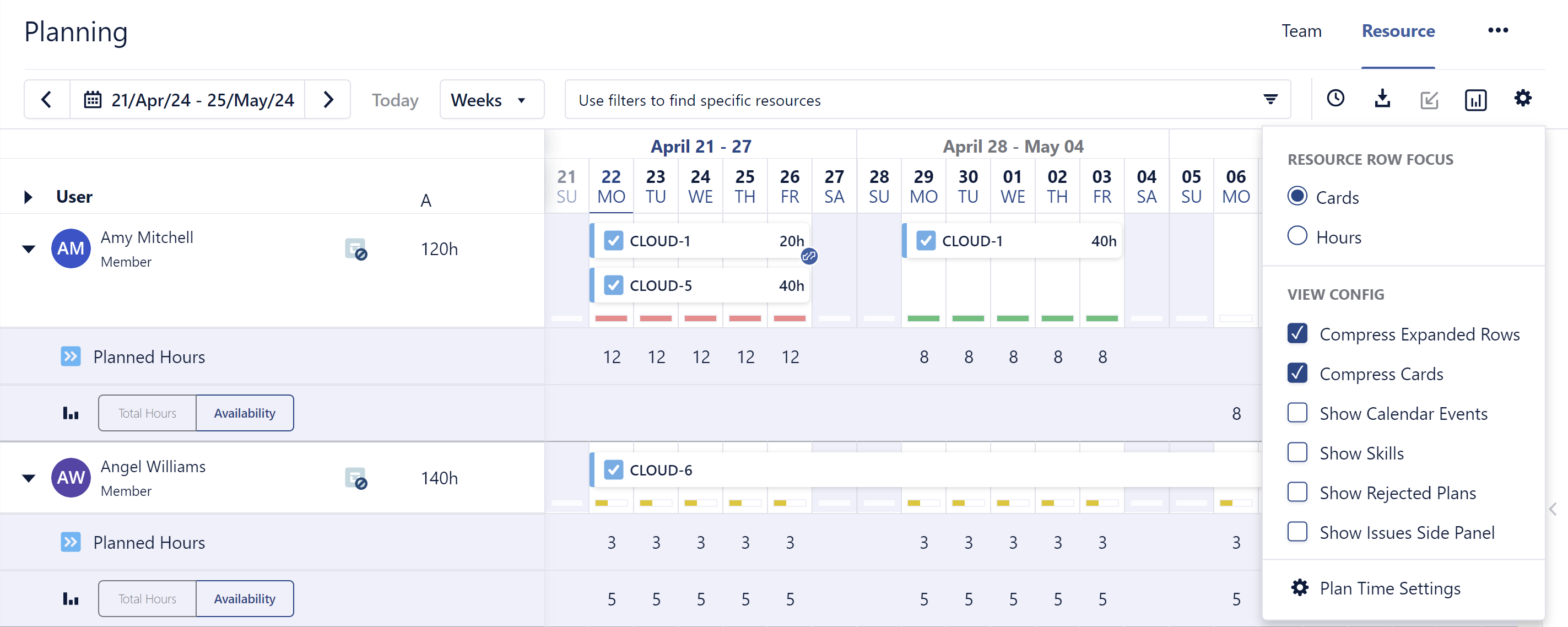 Compress expanded rows selected on the Resource Planning screen