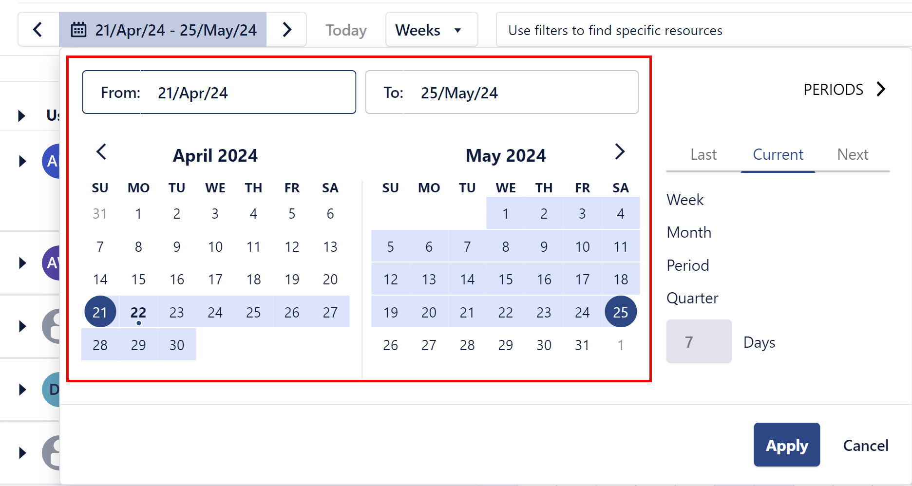 Date selection on the Resource Planning screen