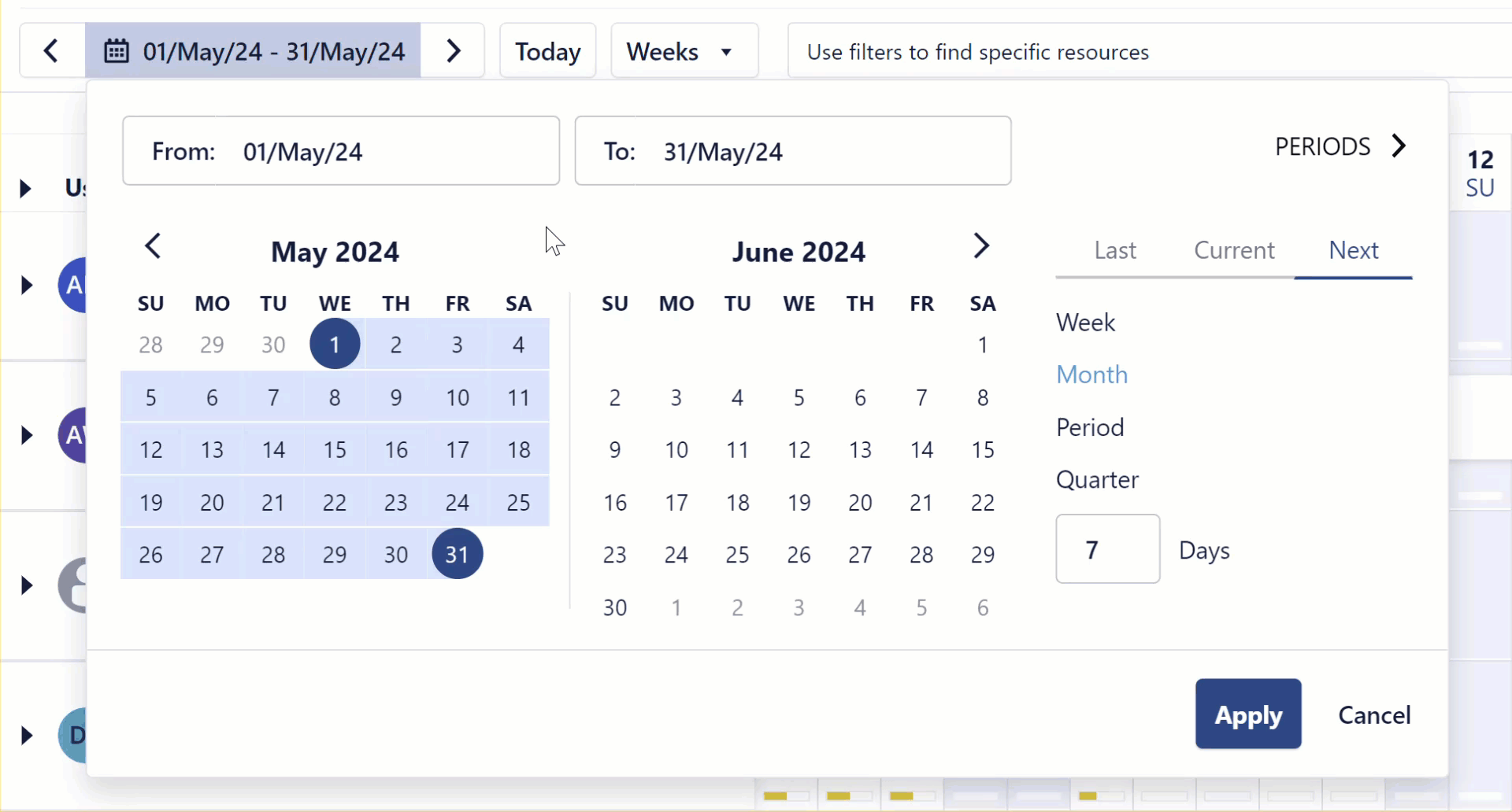 Setting the Planning Period to a previous period on the resource planning screen