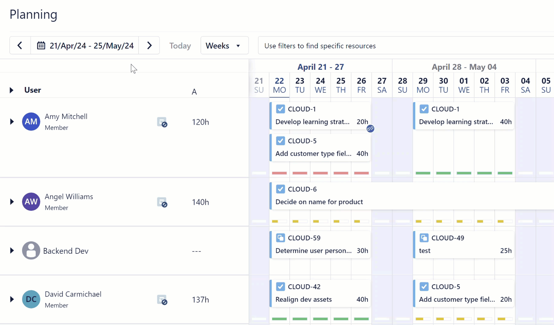 Setting the Planning Period to next month on the resource planning screen