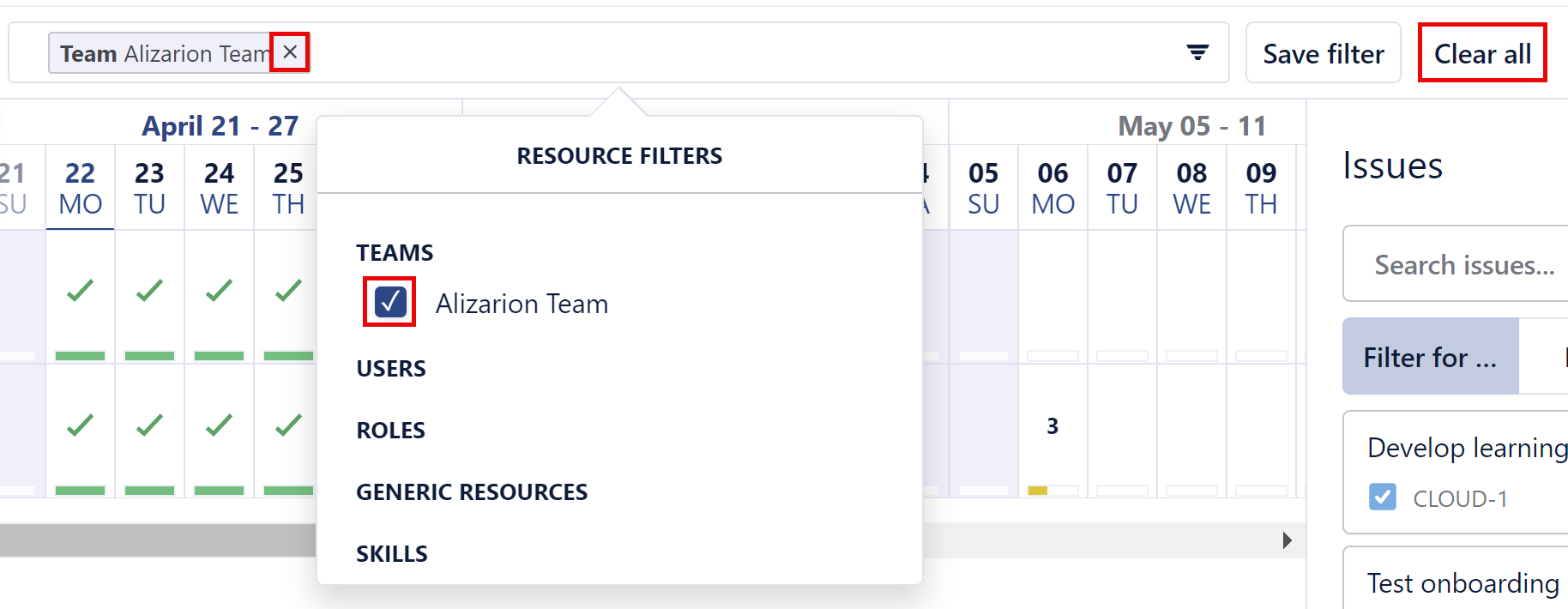 Clearing filters on the Resource Planning screen