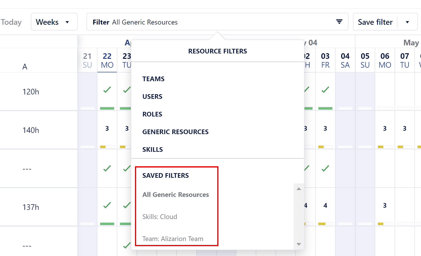 Saved filters list