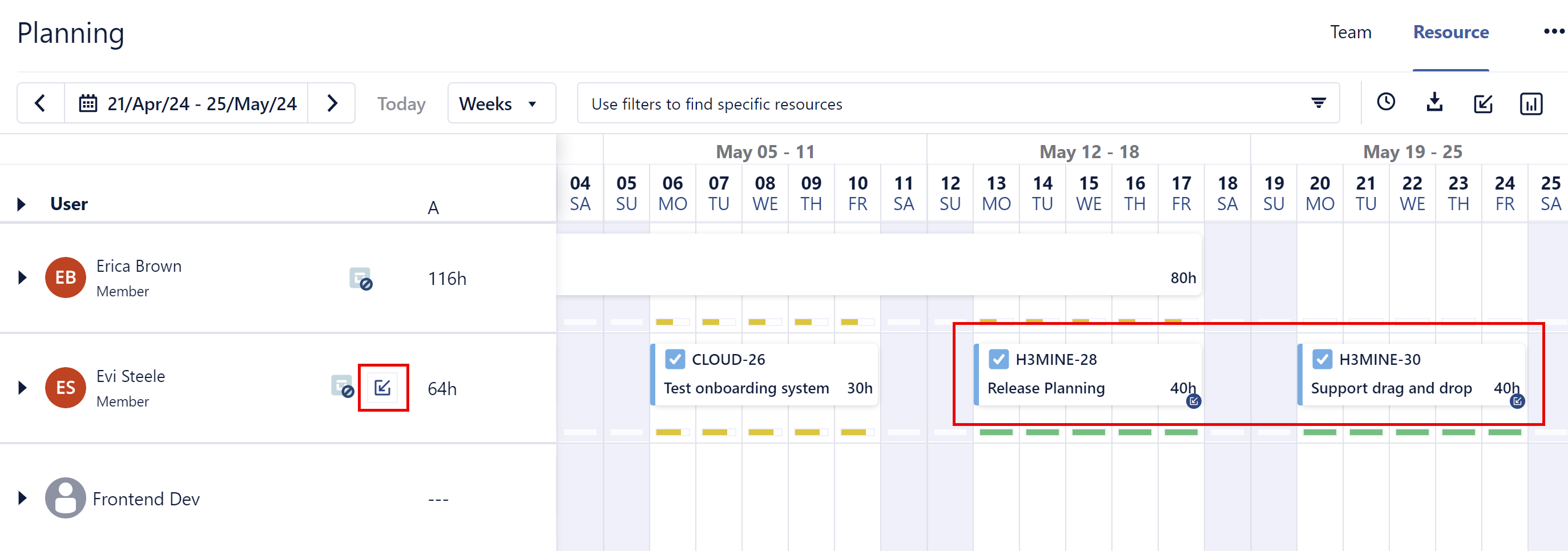 Importanted Plans on the Resource Planning screen