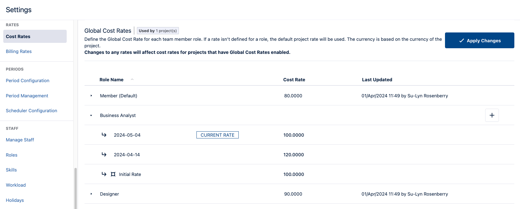 Cost Rate settings