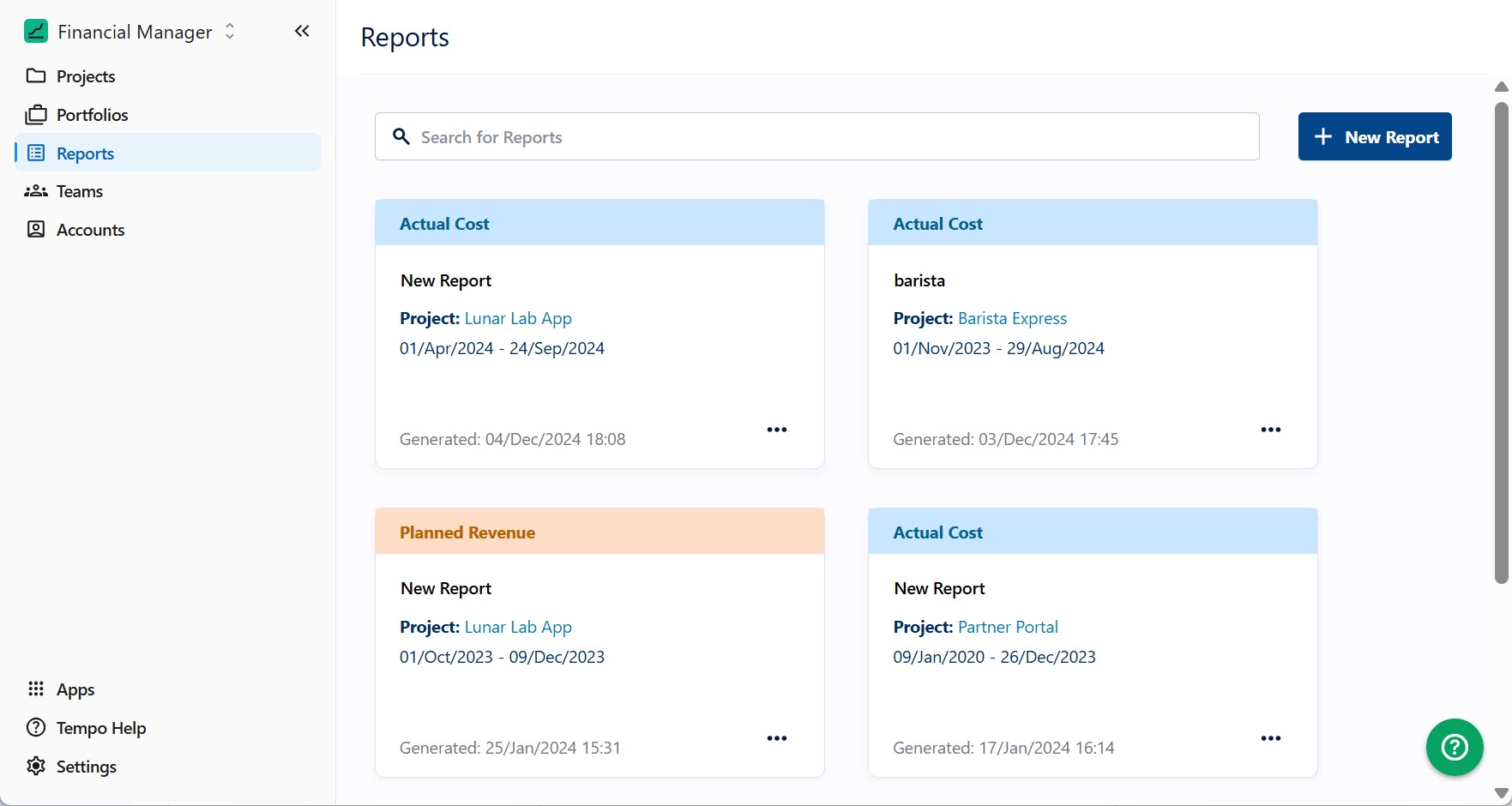 Reports screen