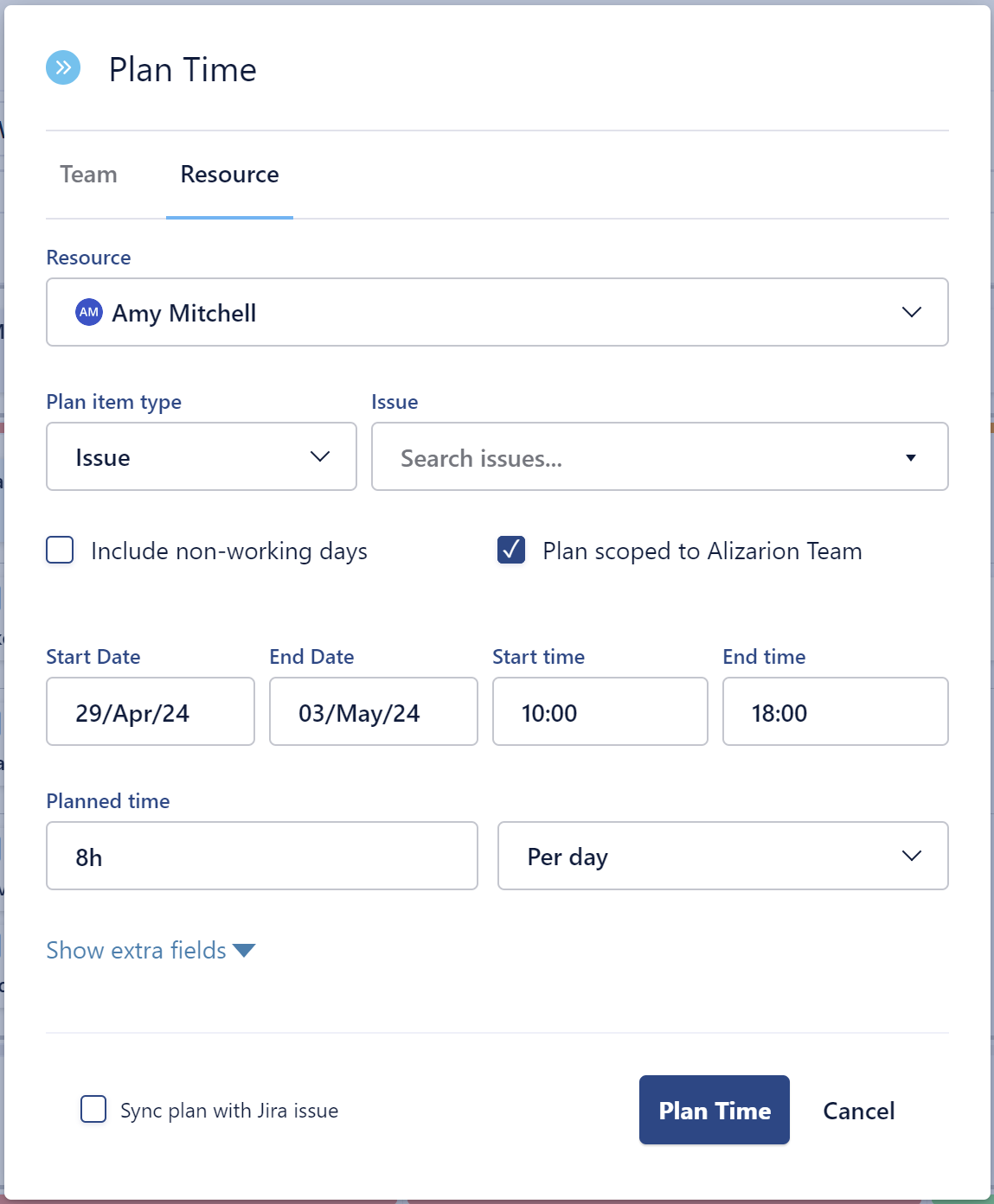 The plan time form with Sync Plan with Jira disabled