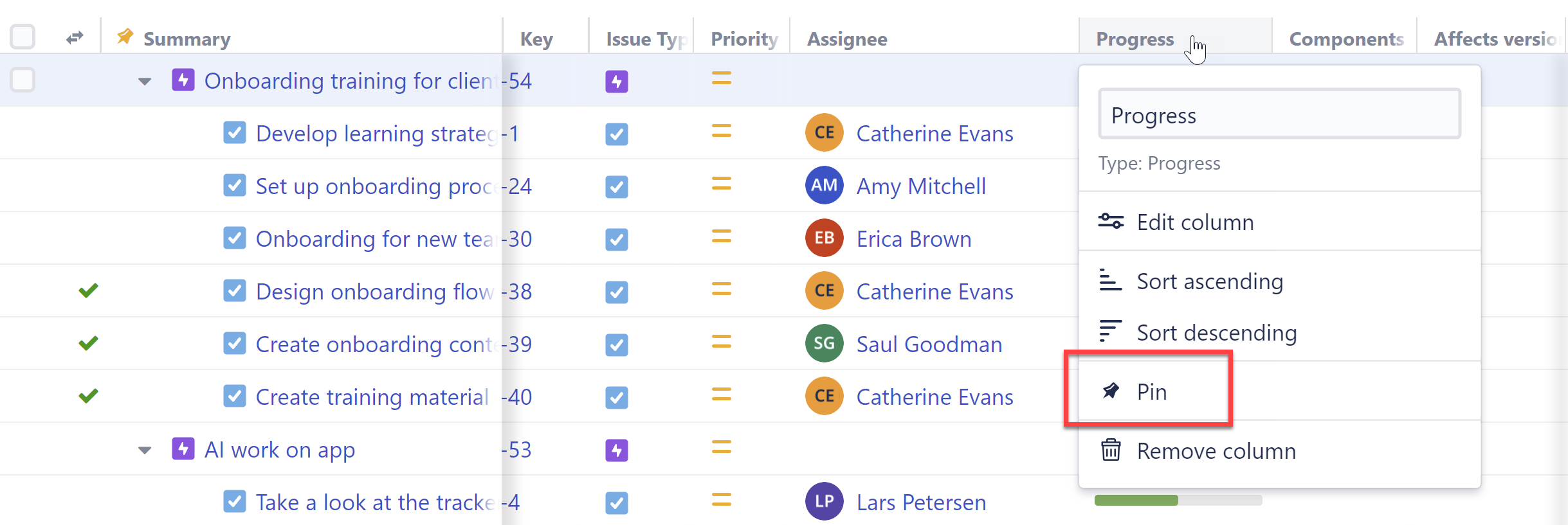 Pin column option in column dropdown