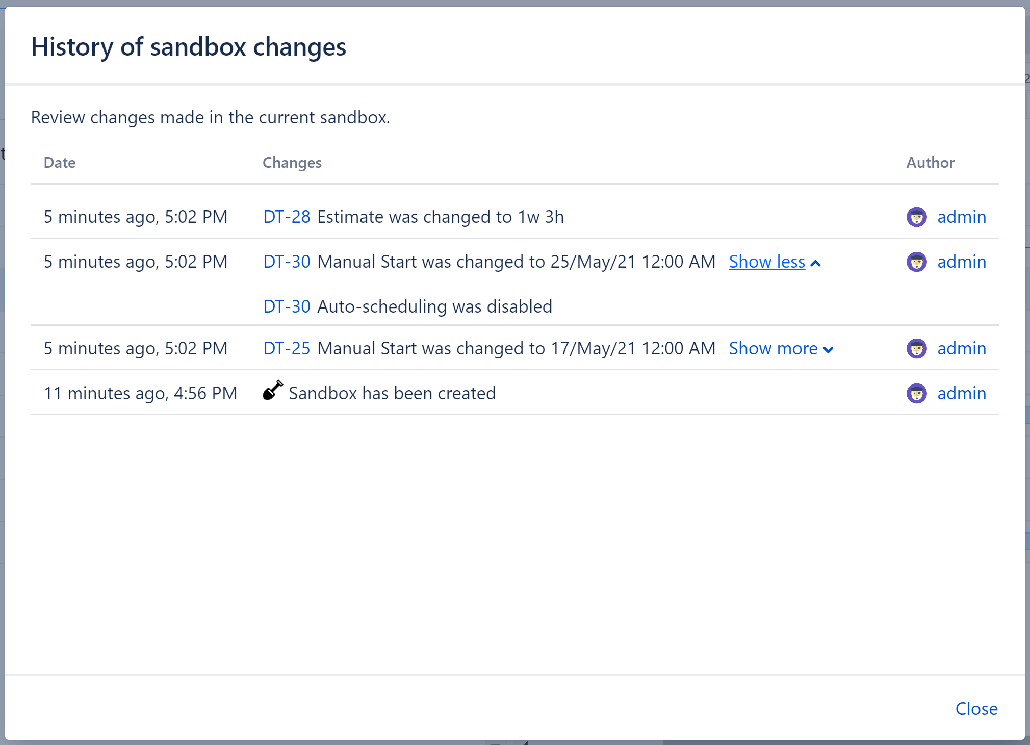 History of sandbox changes