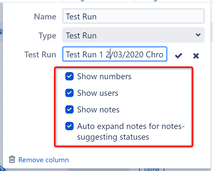 Test column options