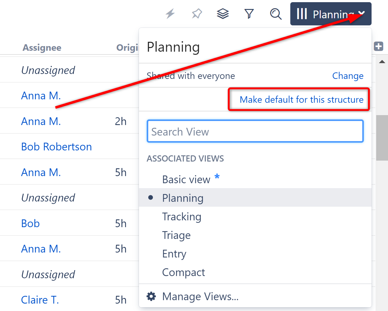 Set a structure's default view