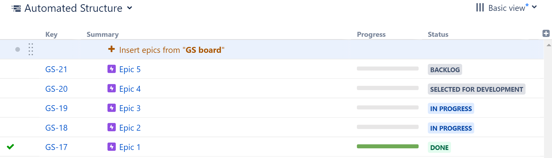 Epics added to a structure using the Agile Board Inserter