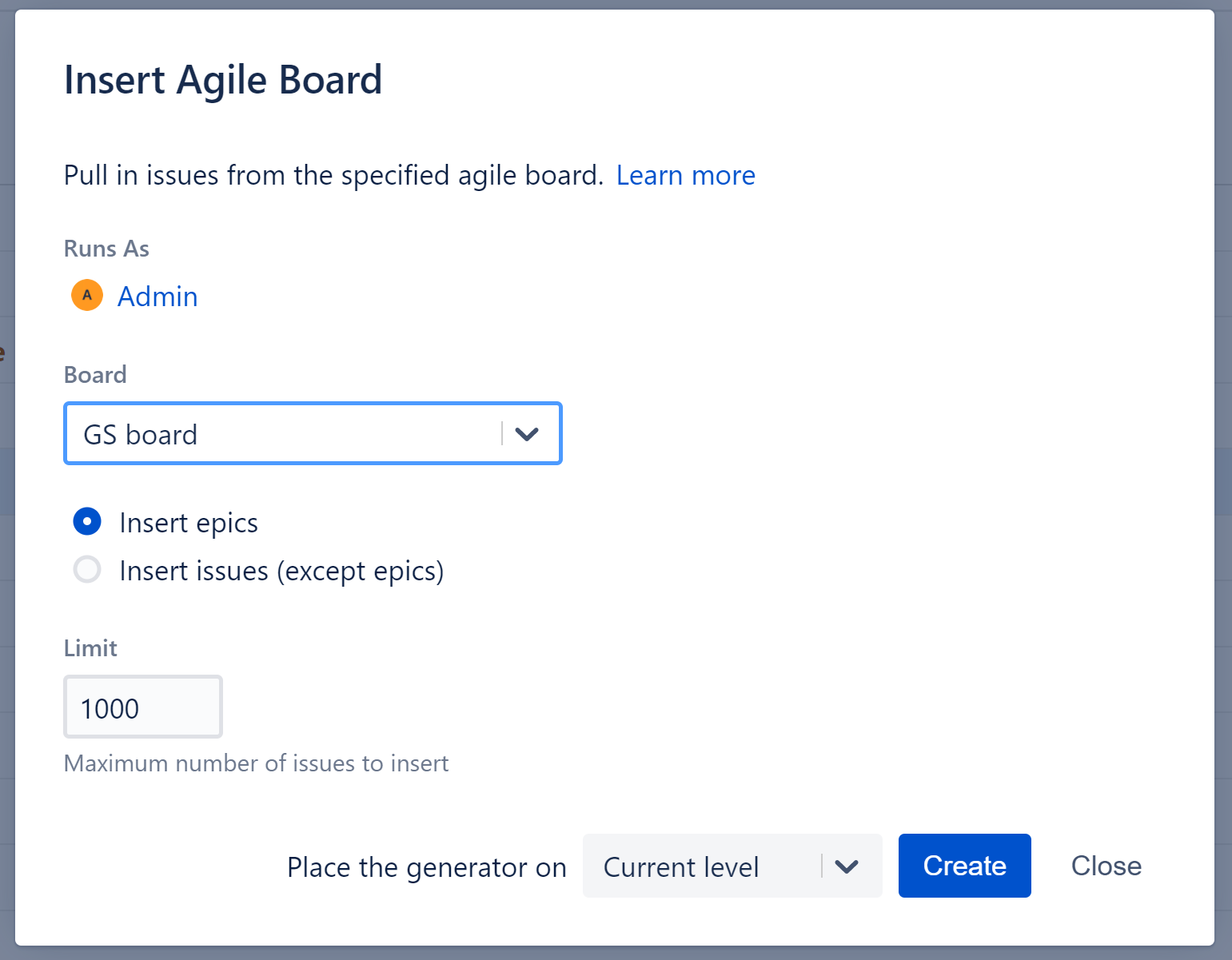 Select options for the Agile Board Inserter