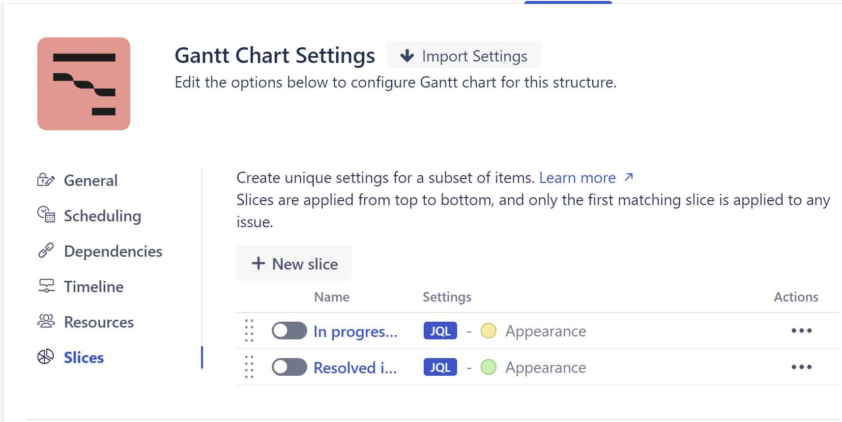 Slices configuration screen