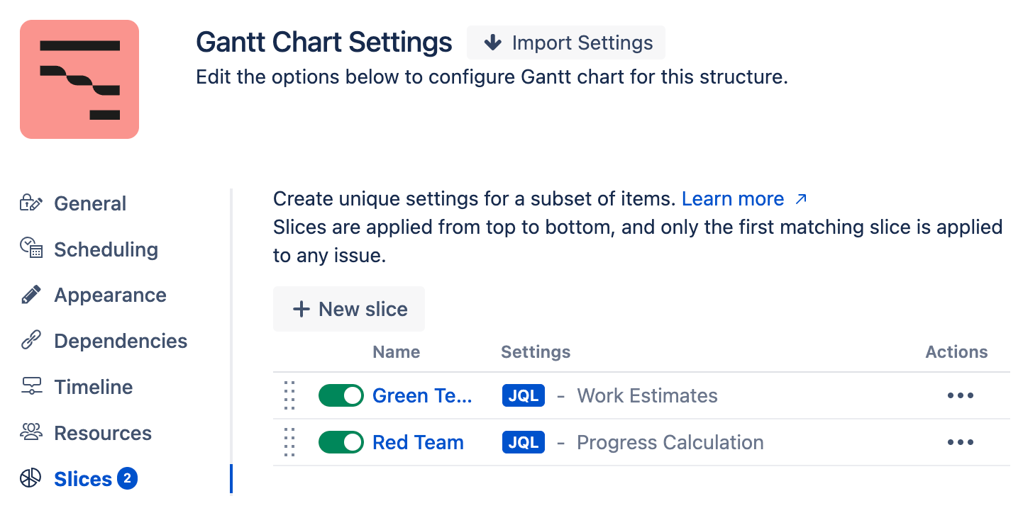 Slices main configuration screen