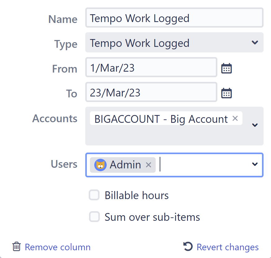 Tempo Work Logged column configuration screen