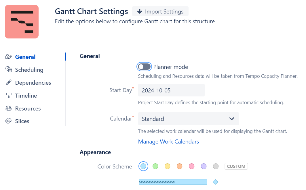 Gantt Chart settings