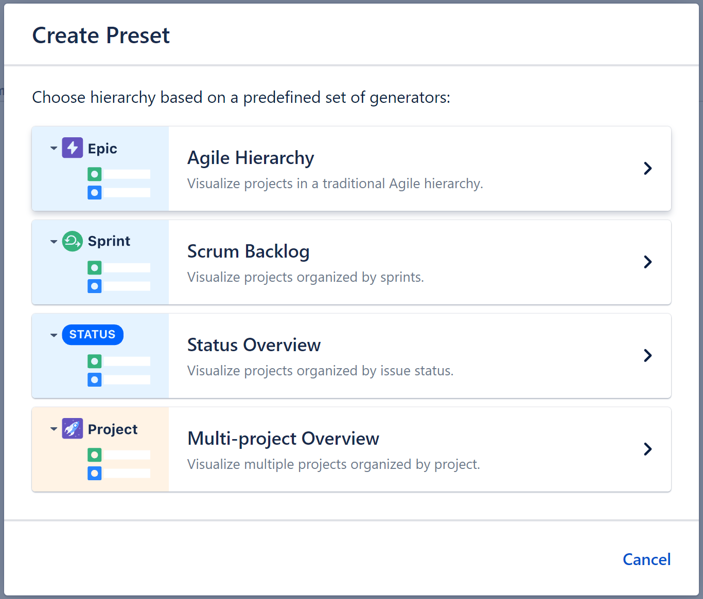 select the agile hierarchy preset