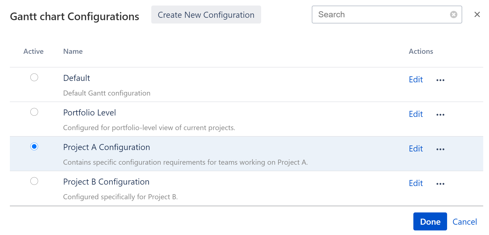 Manage Gantt Configurations