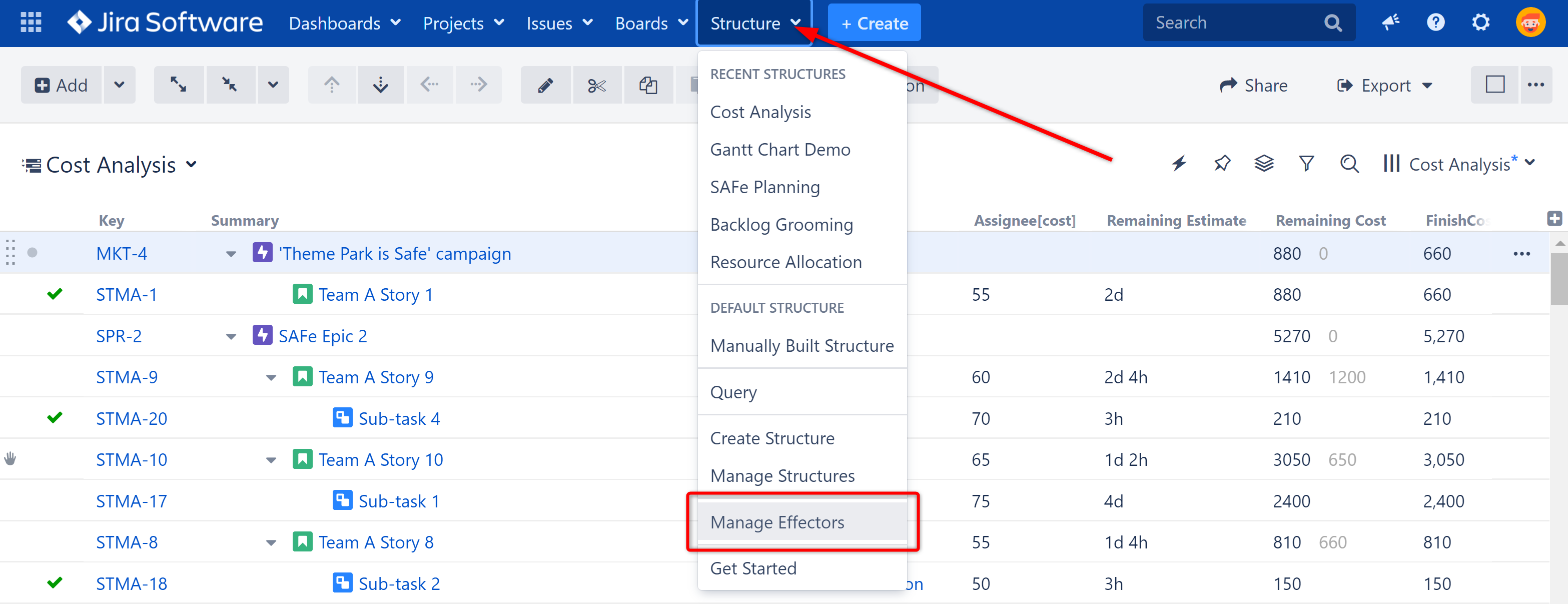 Manage Effectors in the Structure menu