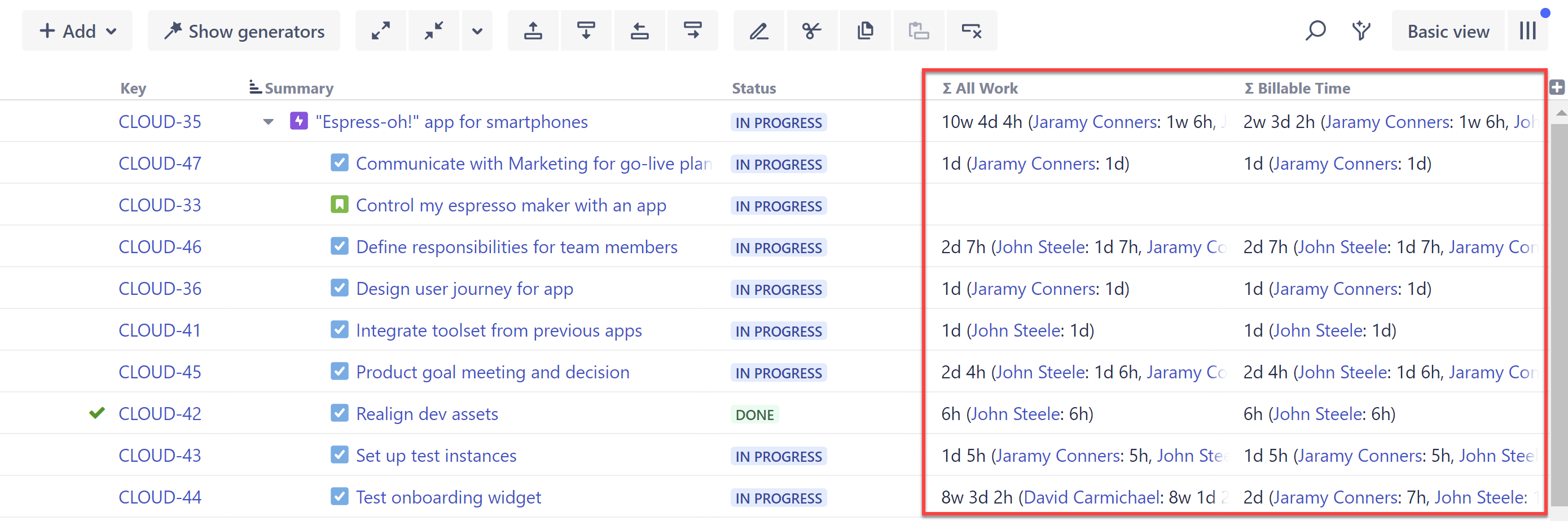 Structure with Tempo Work Logged columns