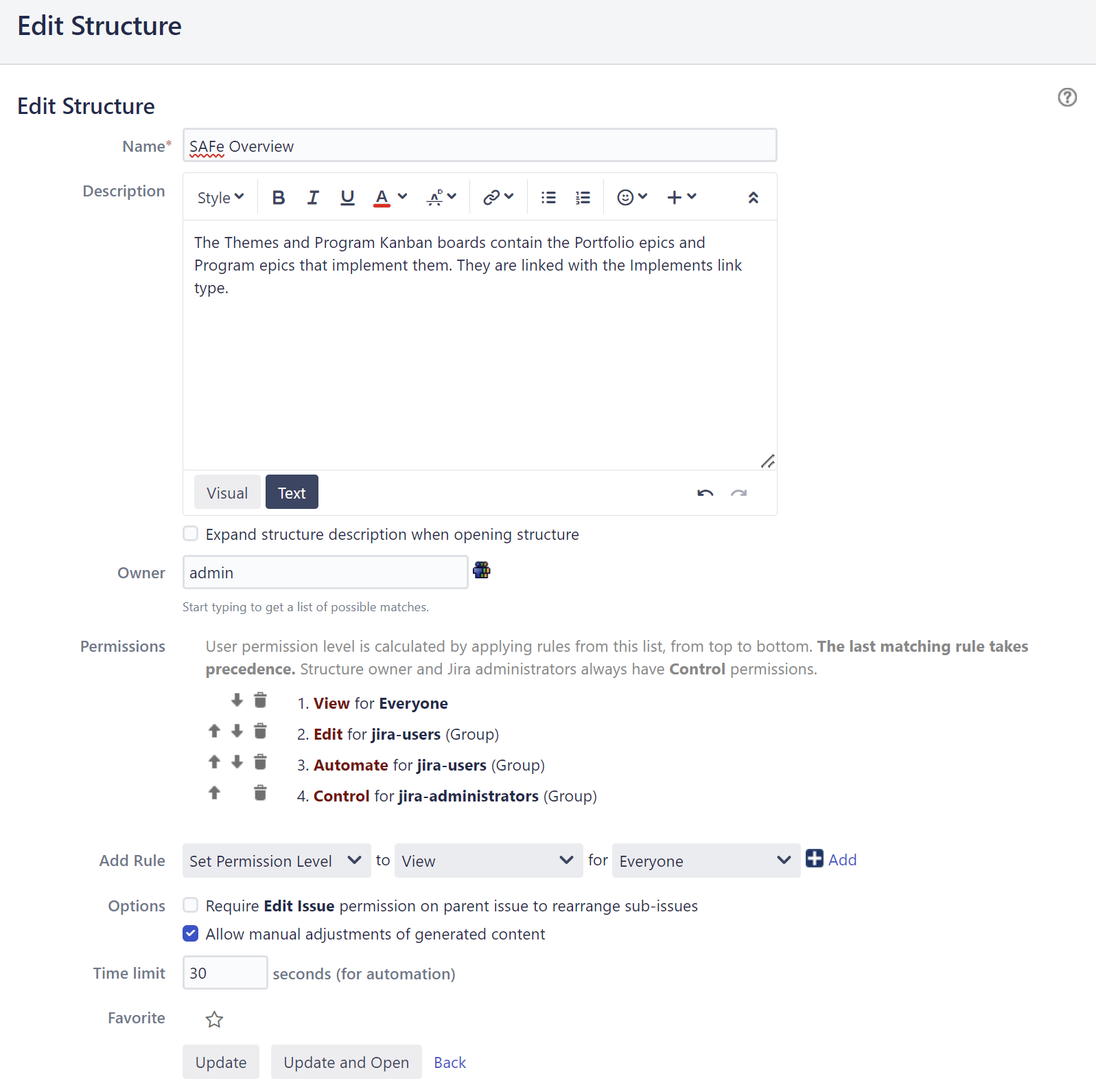 Structure Configuration screen