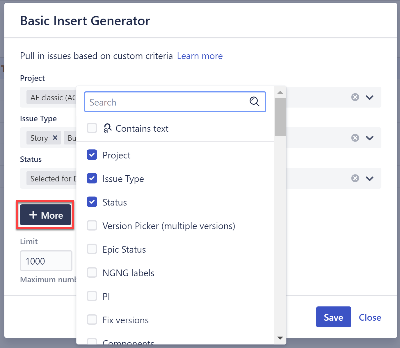 Additional fields selection