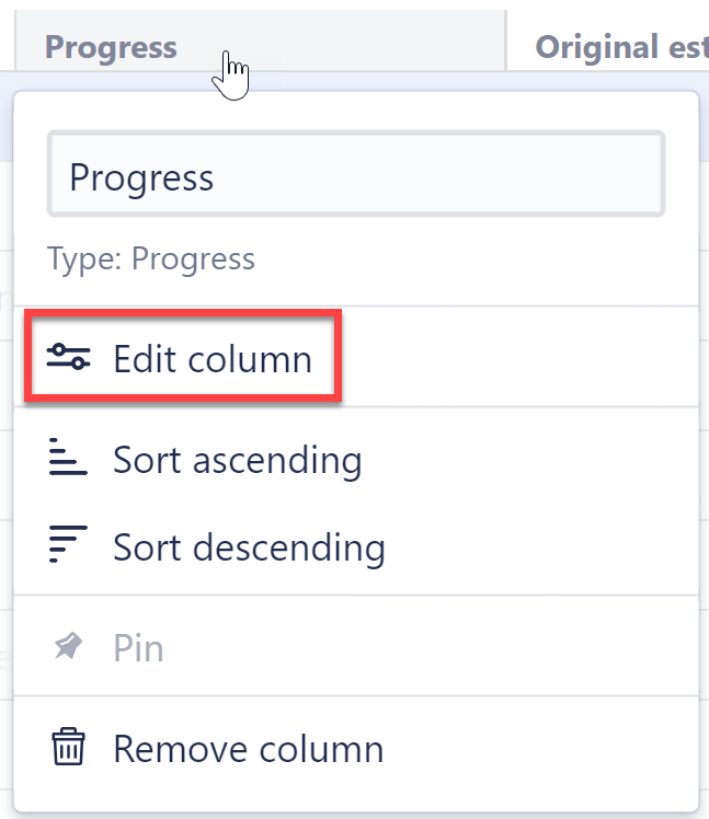 Edit column option in a column menu
