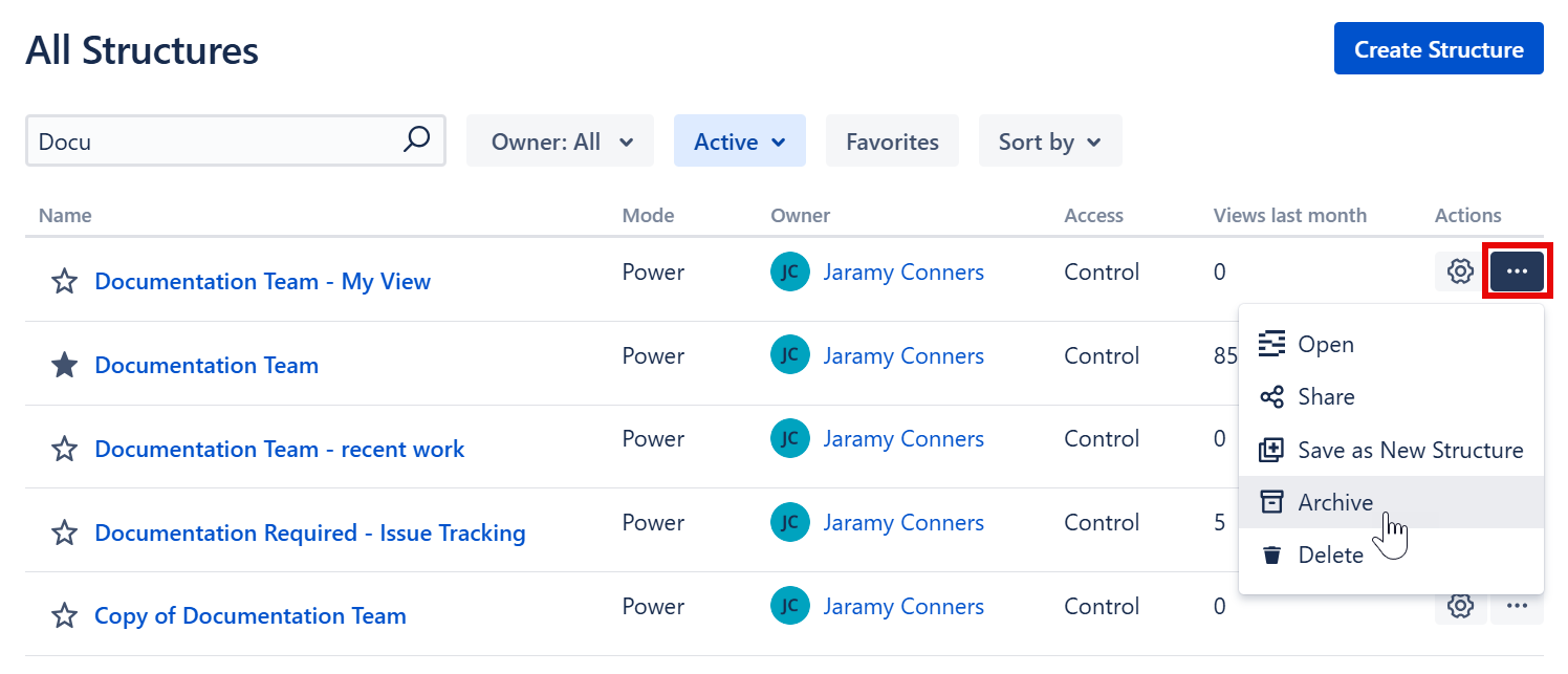 More options on the All Structures screen