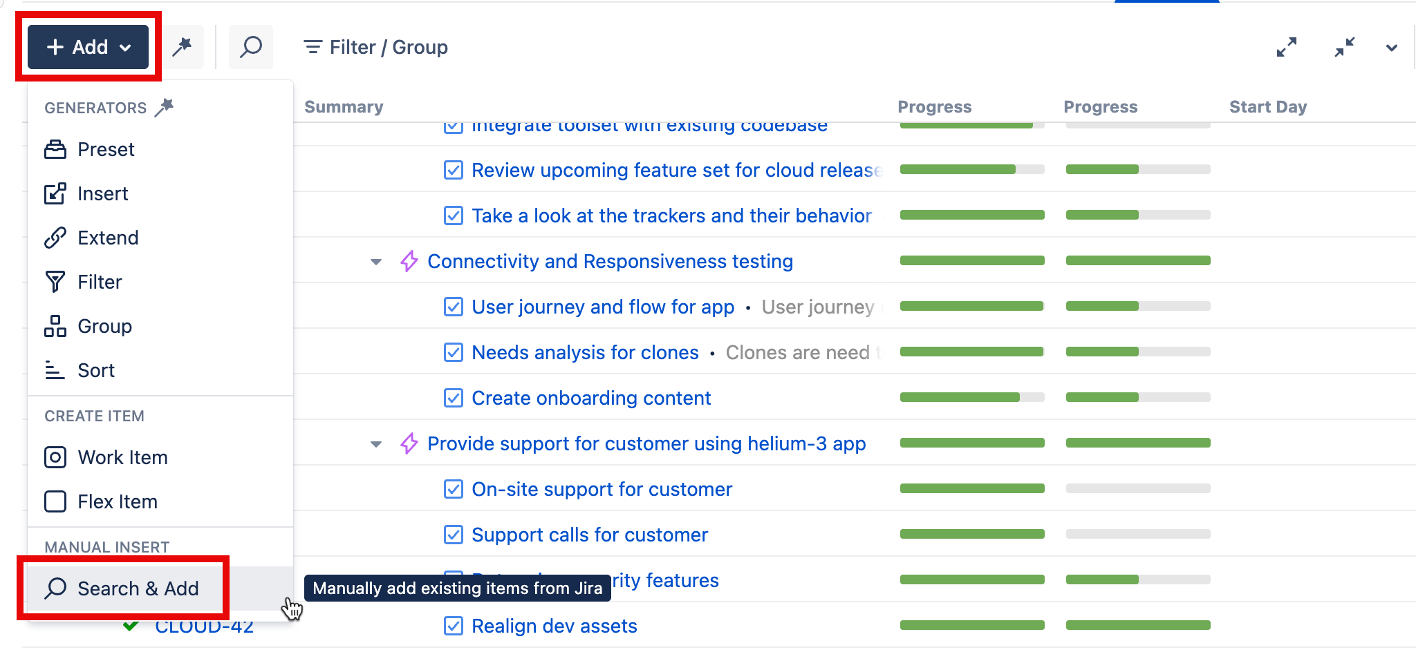 Search and Add in the Add menu