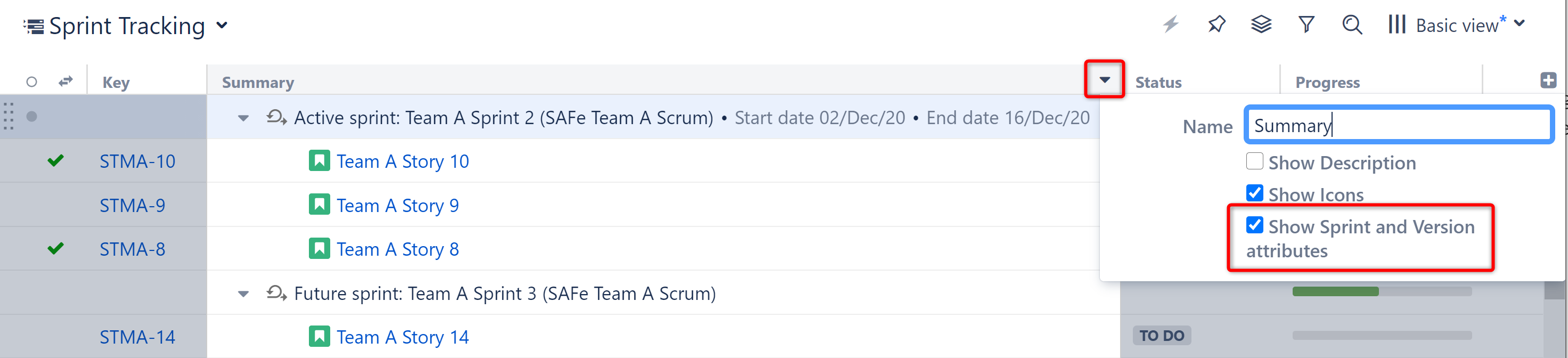 Show sprint and version info in Summary column
